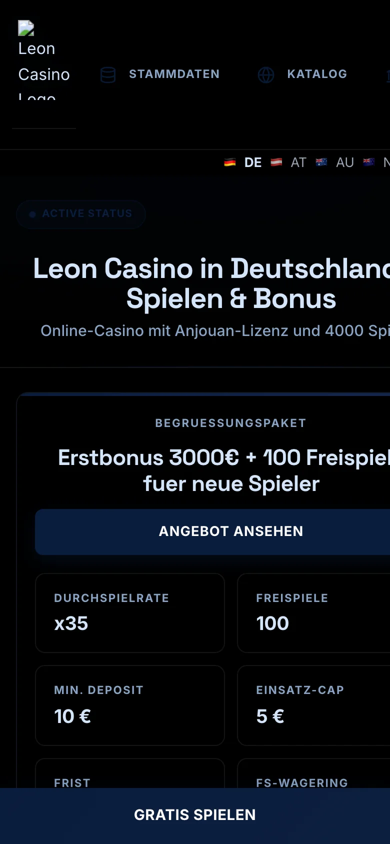 Leon Casino mobile lobby screenshot