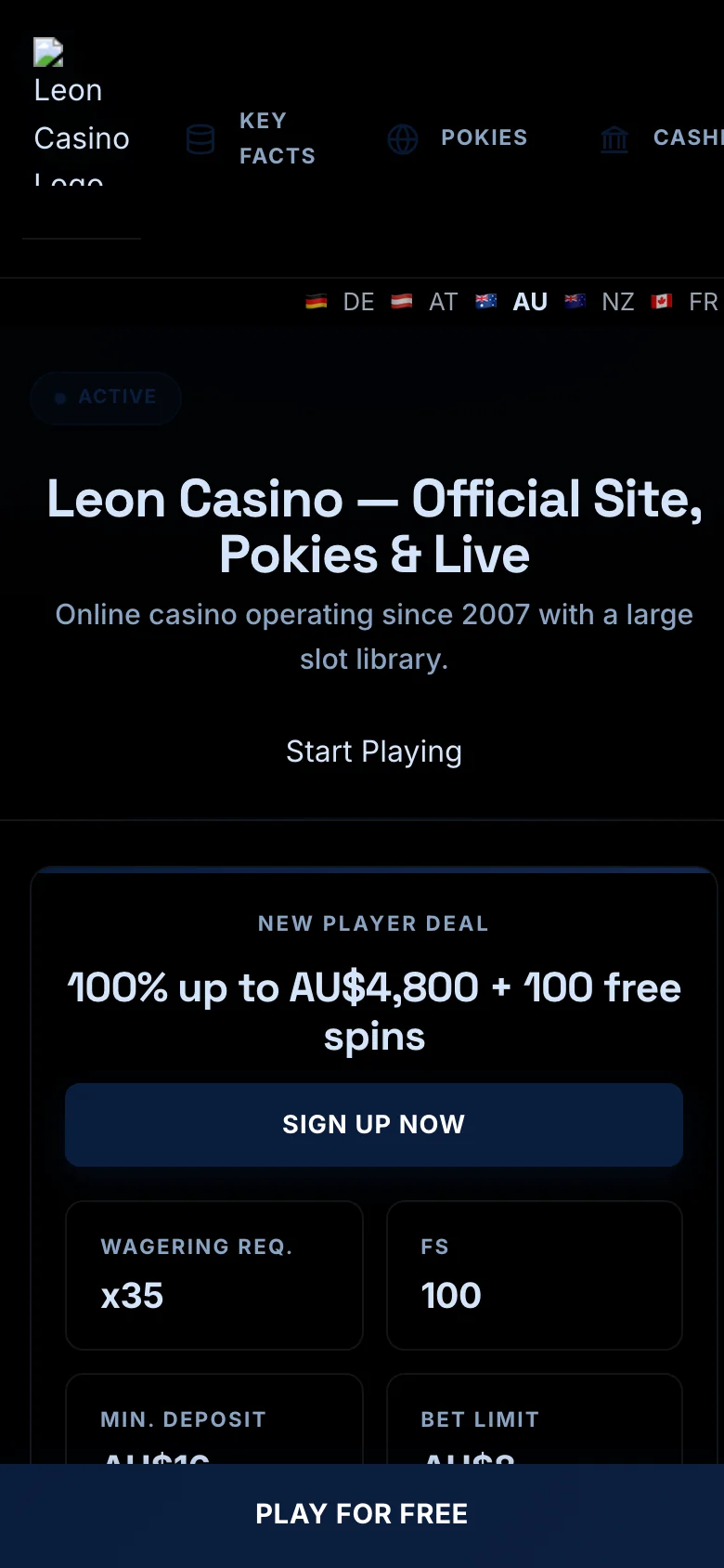 Leon Casino mobile lobby screenshot