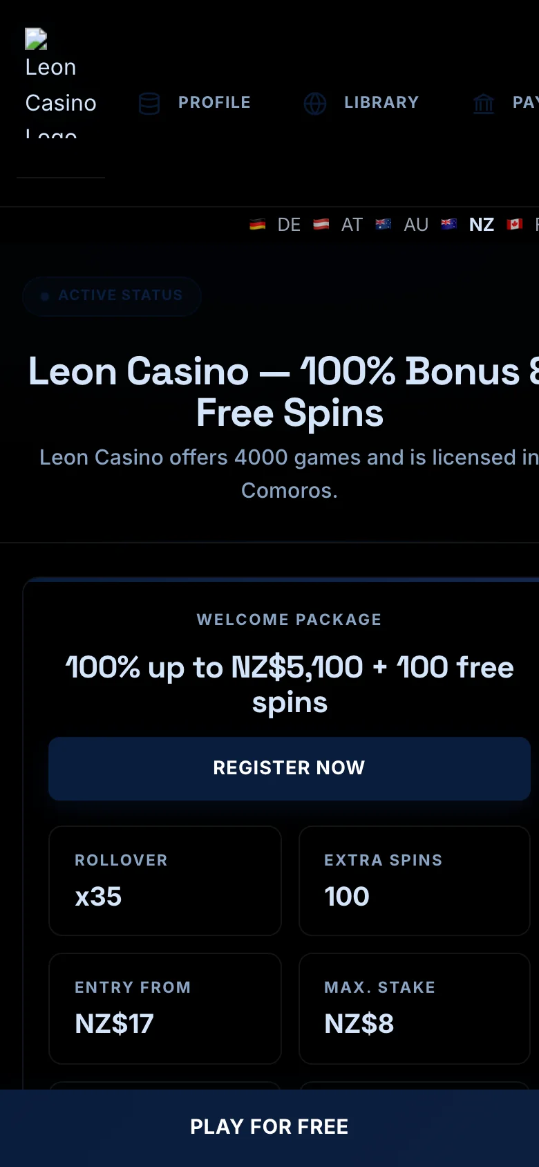 Leon Casino mobile lobby screenshot